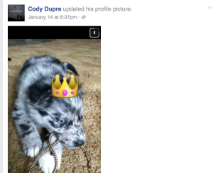 Publicly viewable via Facebook: "Julie Thorpe Ballantine - Go cuddle with your puppy...how adorable.... Cody Dupre -  .....you don't know how badly I wish I could, but I can't,zz Like · Reply · January 14 at 9:21pm" (sic)