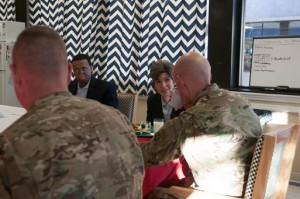 Senator Joni Ernst (R-IA) discusses military quality of life issues and state legislation with soldiers from the 20th Engineer Brigade during a breakfast at the unit's dining facility on Fort Bragg Jan. 5.
