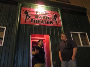 Dale Peterson with his bouncer, Joel, at the Pole Barn in Nora Springs, Iowa