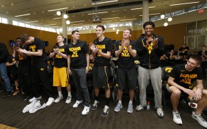 The Iowa Hawkeyes react as their name is called during the 2016 NCAA Men's Basketball Tournament Selection Show Sunday, March 13, 2016 at Carver-Hawkeye Arena. (Brian Ray/hawkeyesports.com)
