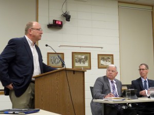 Jere Null, Prestage Foods, makes presentation and takes questions during public hearing on proposed pork processing plant for Mason City