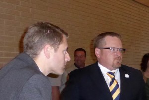 Chad Schreck (left) and mayor Eric Bookmeyer. The mayor never answered any questions about the slaughterhouse project.