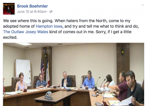 Facebook screenshot of Brook Boehlmer's remarks (click image to view larger)