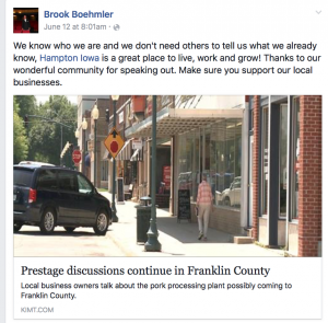 Facebook screenshot of Brook Boehlmer's remarks (click image to view larger)