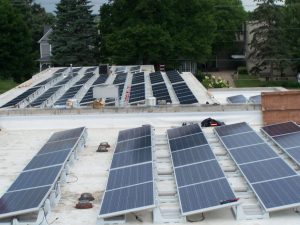 Solar Installation on the roof of the Mason City library, looking west