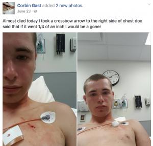 Corbin Gast's Facebook post describing his near-brush with death