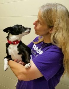 Rachel Garcia gives special attention to “Muffin”, a dog she is currently caring for at the Humane Society of North Iowa shelter