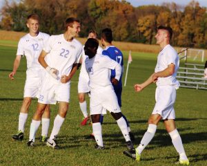 Photo of Aaron Blanchard after he scored the Trojans’ fourth goal in Wednesday’s home soccer match against Hawkeye CC. Photo by NIACC sports information director Kirk Hardcastle.