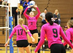Jackie Bleifus sets the ball during Wednesday’s match against the Wartburg College JV.