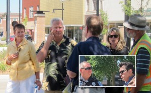 Mason City dentist Jay Lala says hello to the camera last Augst as he helps pick out location outside his office for scultpures paid for by the people of Mason City. INSET: Dennis Luna speaks to Mason City police after he approached Lala