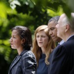 UN Ambassador Susan Rice, who President Barack Obama has chosen as National Security Adviser to replace current National Security Adviser Tom Donilon (right) speaks along with Samantha Power (2nd left), Obama's nominee to the next UN Ambassador, in the Rose Garden at the White House on June 5, 2013.  UPI/Molly Riley